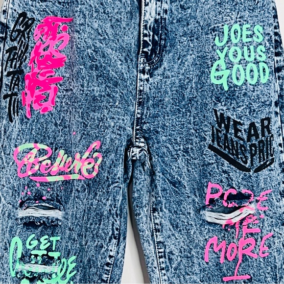 Shevadne Acid Washed Denim Jeans Graffiti Elastic Hi Rise 80's Style Womens L - Picture 2 of 14
